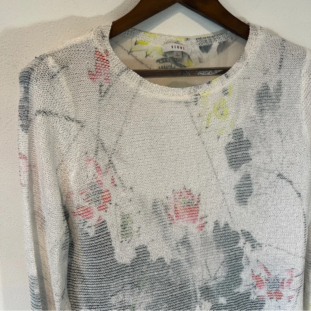 Sioni Lightweight Open Knit Watercolor Floral Layered Long Sleeve Sweater - Picture 2 of 9